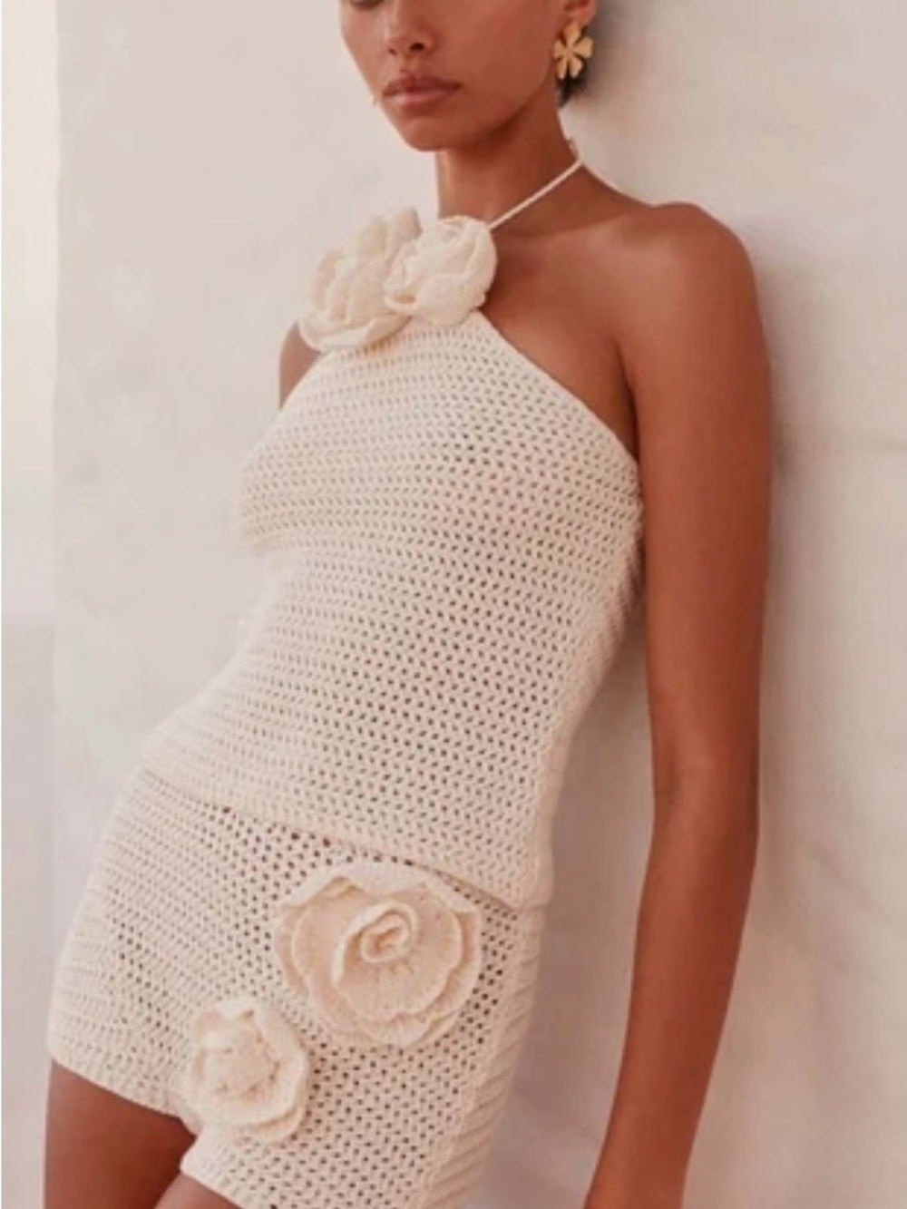 Peppermayo Cream Crochet Halter Mini Dress with Floral Appliqué